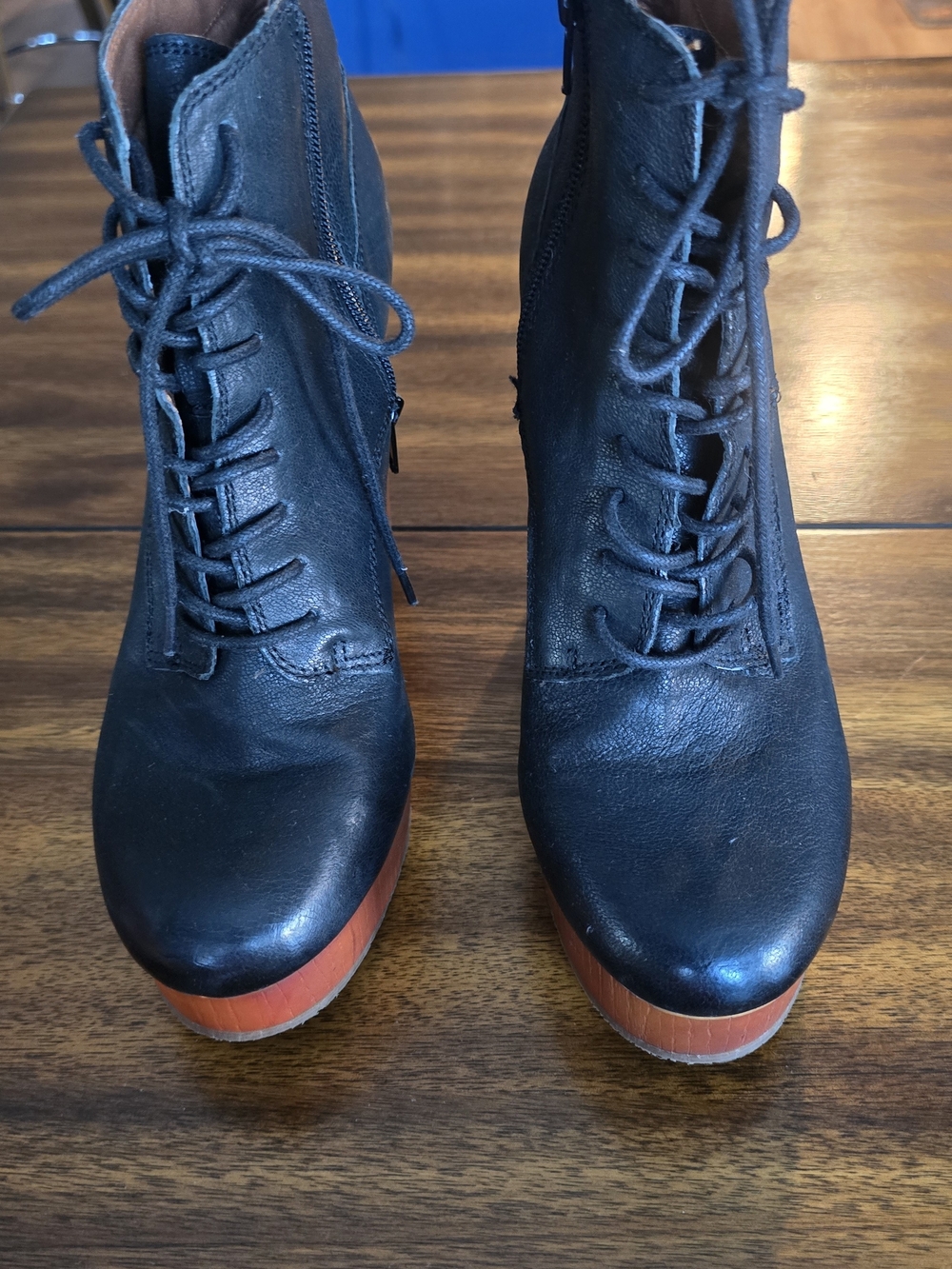 Lucky Brand Black Lace-Up Platform Ankle Boots with Wood-Look Platform